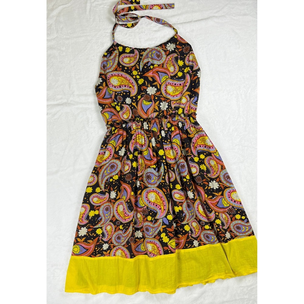 Blue Plate Women's Paisley Halter Dress Vintage 70s Style Retro Yellow Border M
